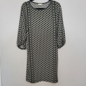 Max Studio Dress Large Black Cream‎ Shift Pullover 3/4 Sleeve Casual